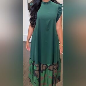 Elegant Green Ruffle Sleeve Dress